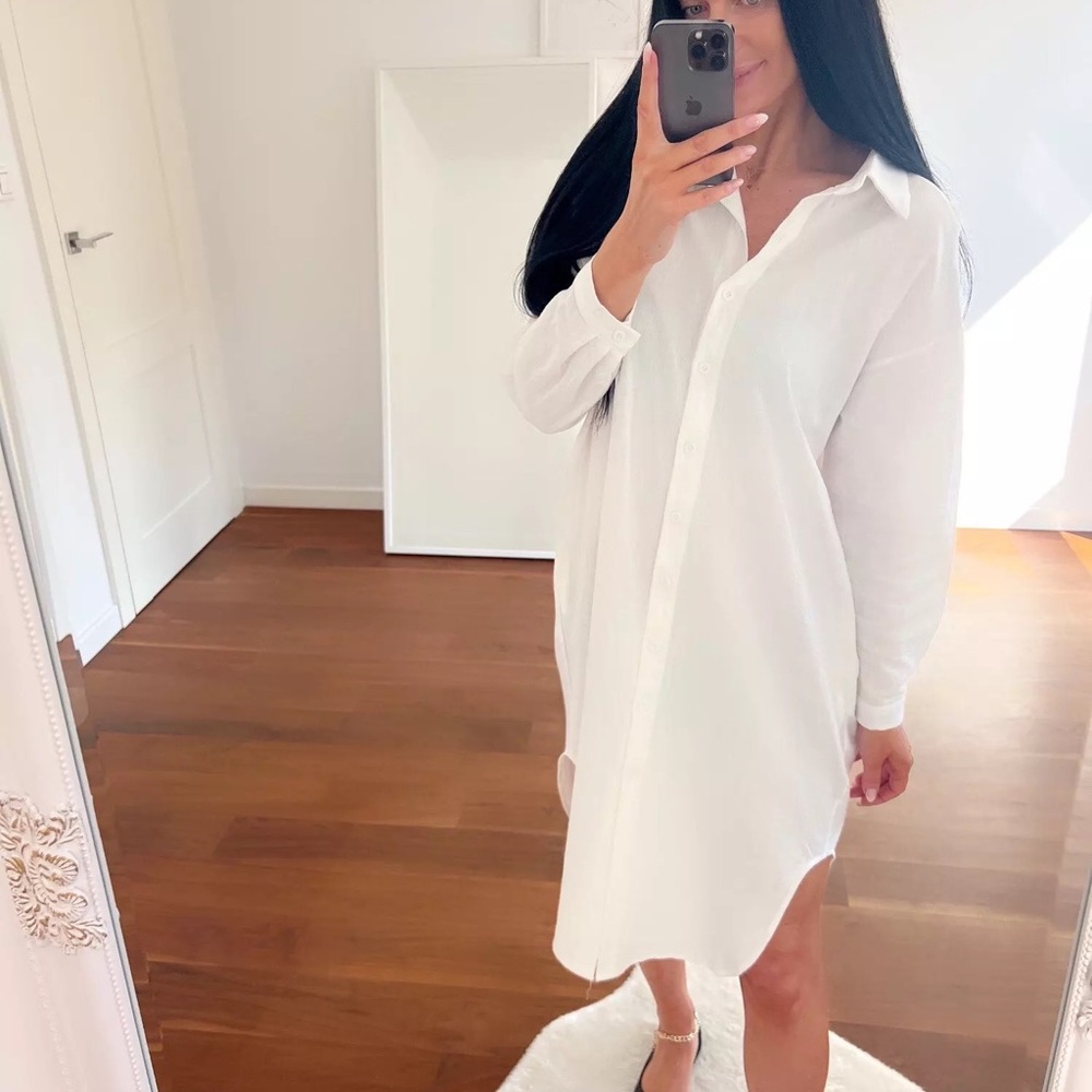 Shirt dress long women’s button collar top pockets white black - Picture 10 of 16